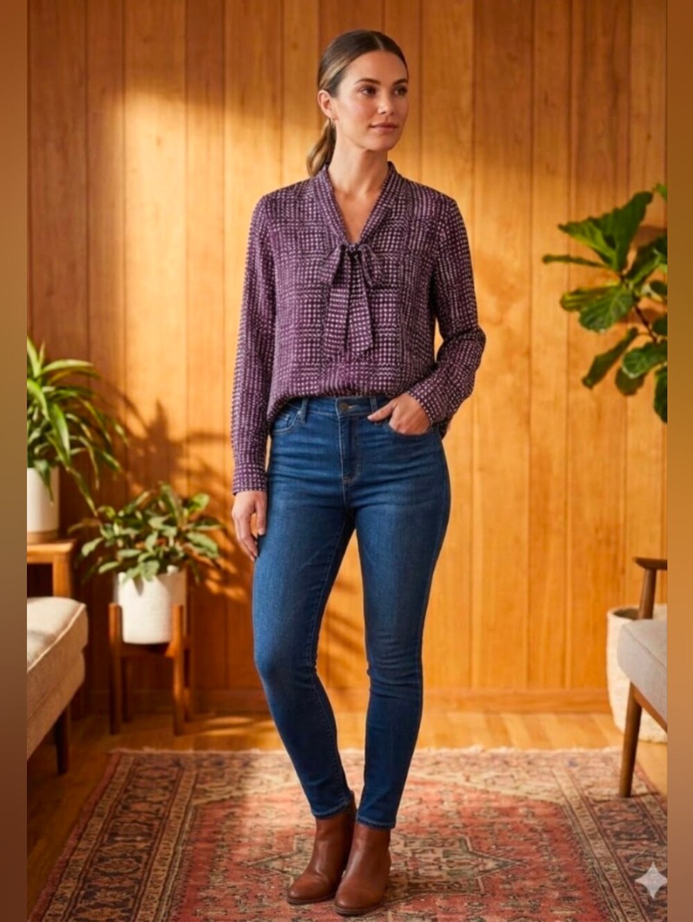Velvet Heart Plum and White Polkadot Hi Lo Hem Tie Neck Long Sleeve Blouse M